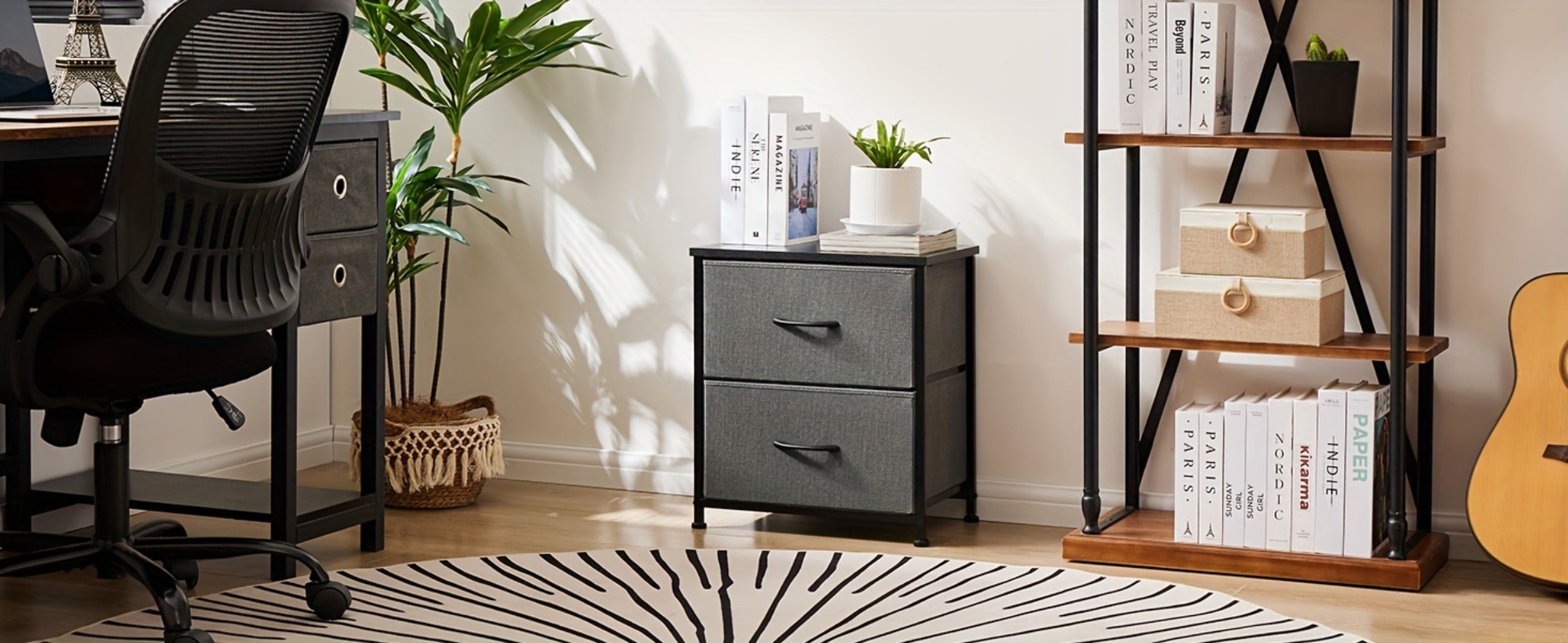 Nightstand with 2 Storage Drawers, 20¡± Bedside Table with Wooden Top & Fabric Cabinet, Steel Frame Mini Dresser for Bedroom, Dorm, Living Room ¨C 1pc or Set of 2pcs, Black White Grey Rustic Brown