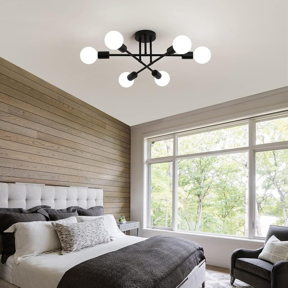 Sputnik Chandelier 6-Light Black Industrial Ceiling Light Fixture Semi Flush Mount for Bedroom Dining Room Living Room Kitchen