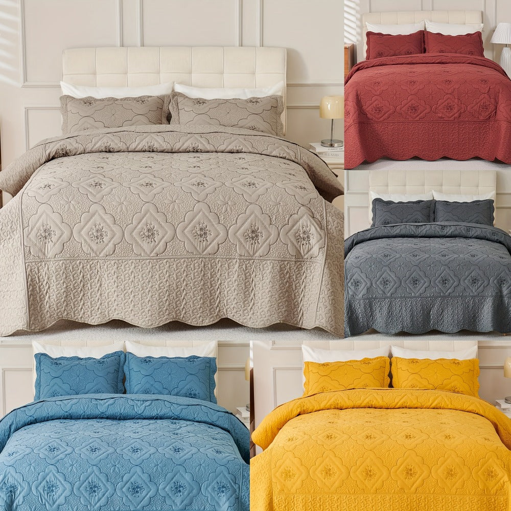 Quilt Set 3 Piece Floral Embroidery Bedspread - 100% Polyester Wrinkle Resistant Lightweight Quilted Coverlet with 2 Pillow Shams for Full Queen King Bed, Elegant Bedroom Decor in 19 Colors