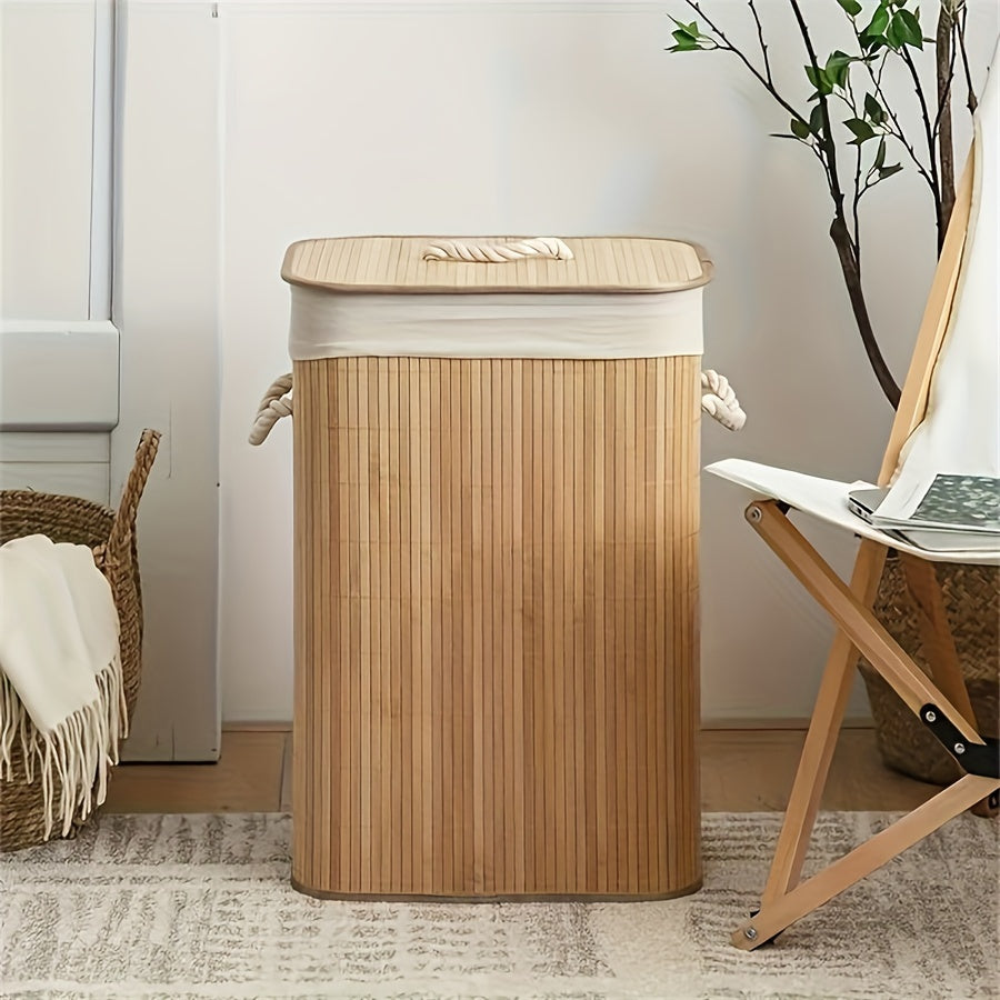 Collapsible Laundry Basket Bamboo Foldable Rattan Clothes Hamper - Space Saving Rectangular Storage Bin for Bedroom, Dorm Room & Bathroom, No Tools Assembly, Upgrade & Standard Models Available