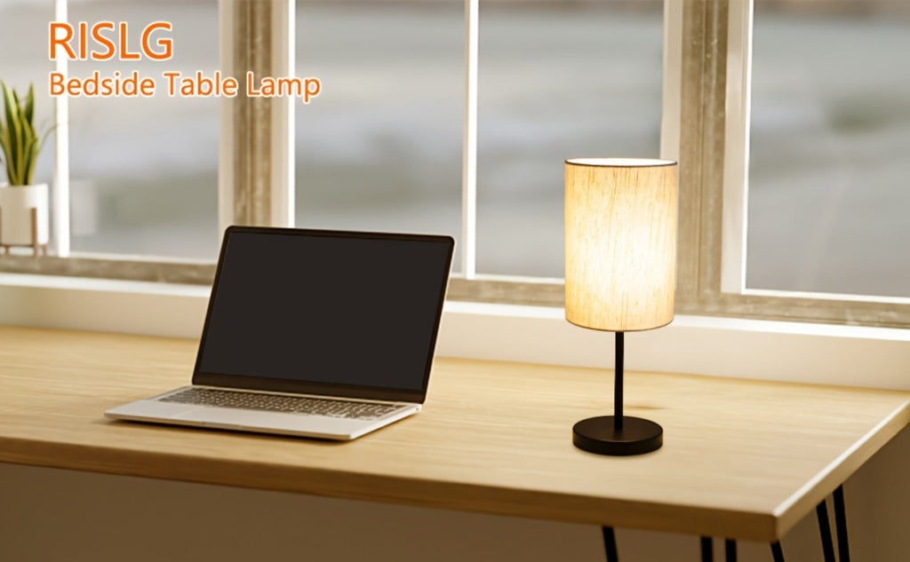 Small Bedside Table Lamp Set of 2 ¨C Linen Shade Nightstand Lamp with Cord Switch, 5W LED Bulb Included, Compact Desk Light for Bedroom Living Room Children's Room Office Dorm (Black / Beige Black)