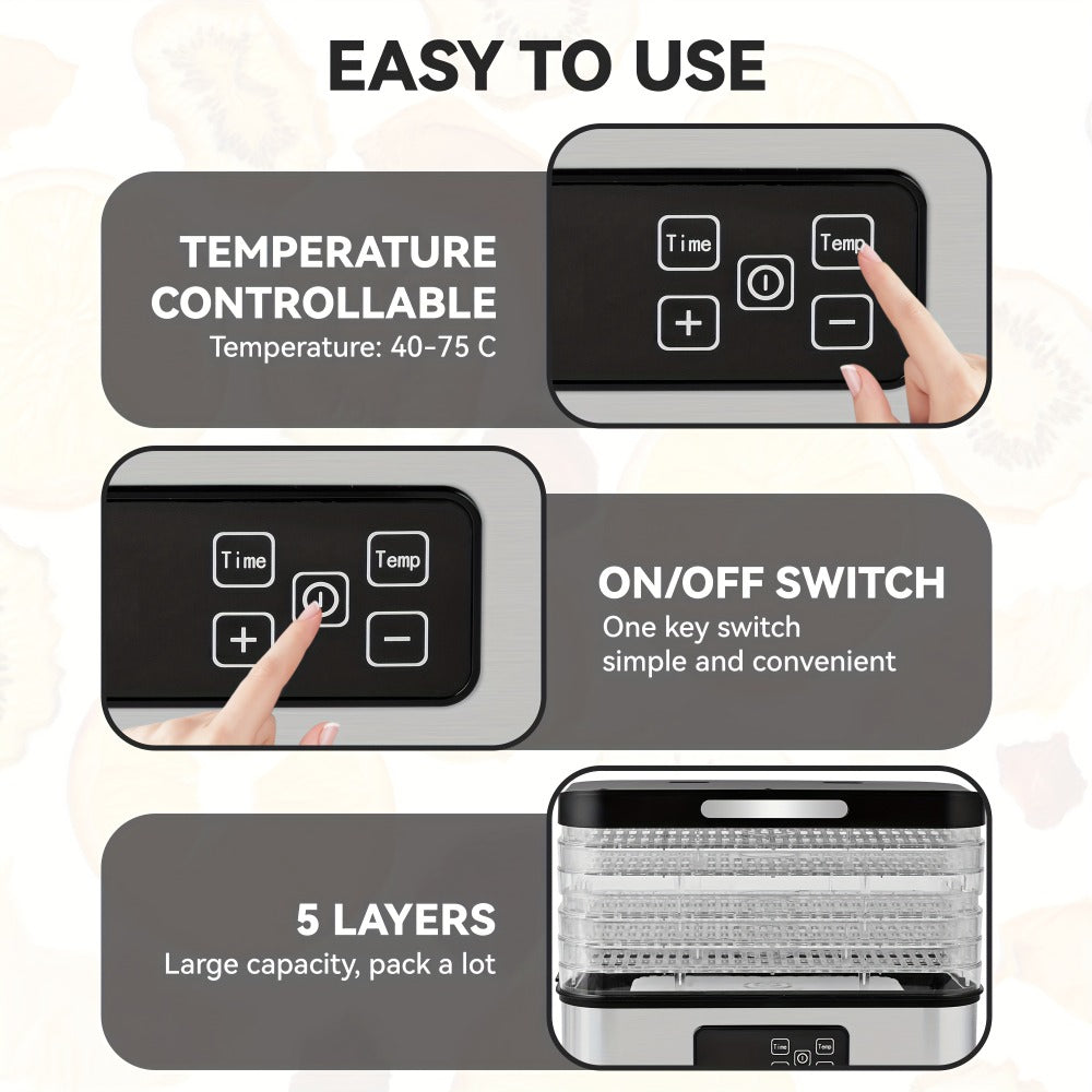 Food Dehydrator Machine 5-Tray with Digital Thermostat & Timer | Stainless Steel | Jerky Fruits Herbs Veggies Yogurt Pet Treats | Ultra-Quiet Energy-Saving | Home Kitchen RV Camping Dehydrator
