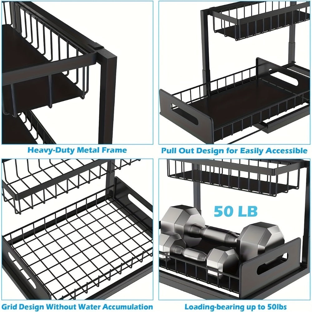 L-Shaped Sliding Drawer Organizer ¨C Heavy-Duty Under Sink Storage Rack, Space-Saving Cabinet Organizer for Kitchen, Bathroom, Garage & Workshop, Large Capacity, Black & White