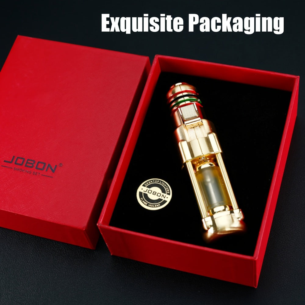 Butane Torch Lighter Windproof Jet Flame Zinc Alloy Refillable ¨C Visible Fuel Tank, Adjustable Blue Flame, Rocket Design for Camping, BBQ, Cigar & Outdoor Use, Grey & Golden (No Butane Included)