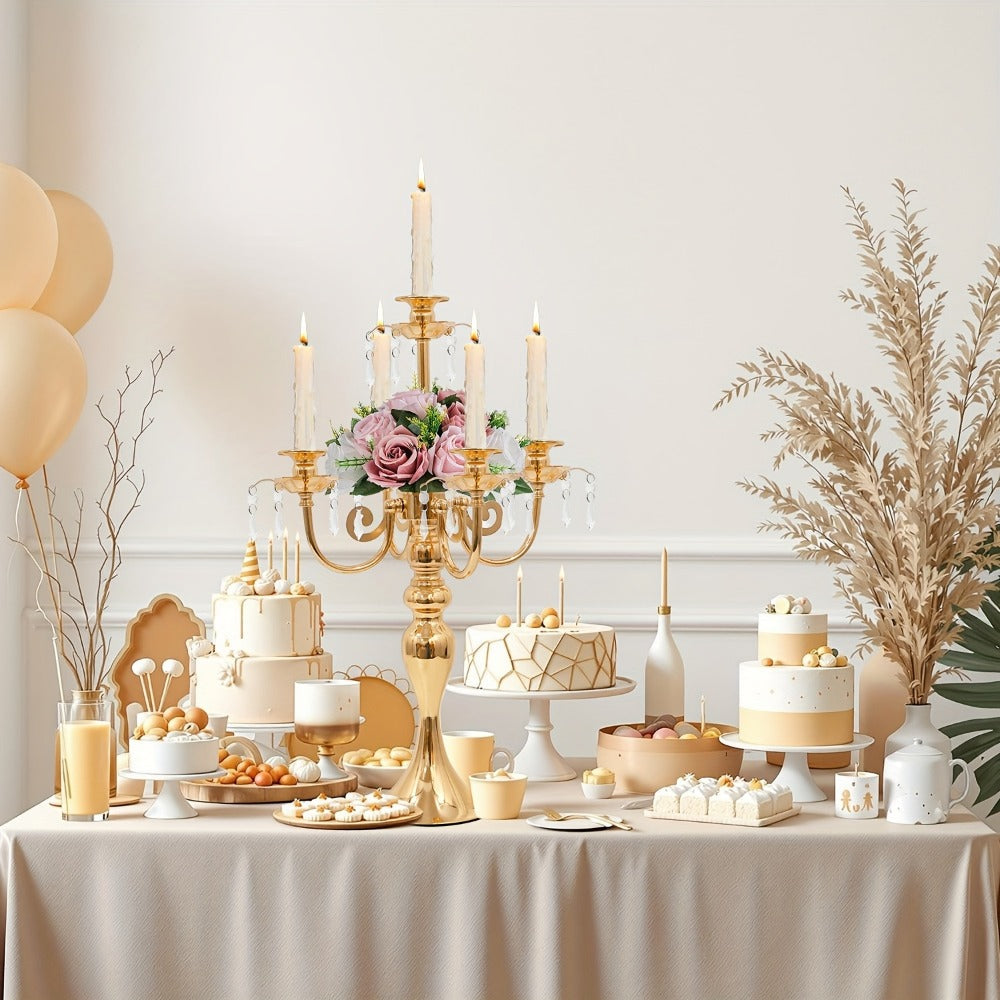 Metal Candelabra Centerpiece 2 Pack ¨C 5-Arm Golden Taper Candle Holder Stand 20.3¡± Tall for Wedding Table Decor, Party, Church, Dining Room, Christmas & Halloween Vintage Event Decoration