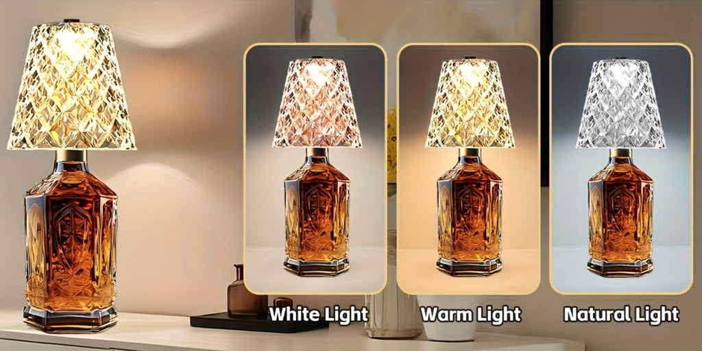 Wireless Wine Bottle Lamp ¨C USB Rechargeable Acrylic Crystal Shade, 3-Color Touch Control Smooth Dimming, 2000mAh Cordless Bottle Light for Bar Decor, Home, Kitchen, Party & Table Ambiance (1pc / 2pcs)