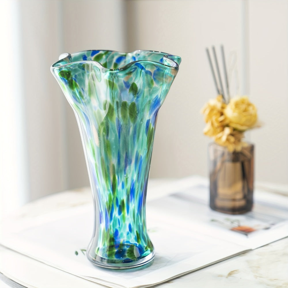 Hand Blown Glass Vase Colorful Wide Mouth, Teal Green Art Glass Flower Vase for Fresh Flowers & Spring Arrangements, Decorative Centerpiece for Bookshelf, Dining Table, Bedroom & Living Room