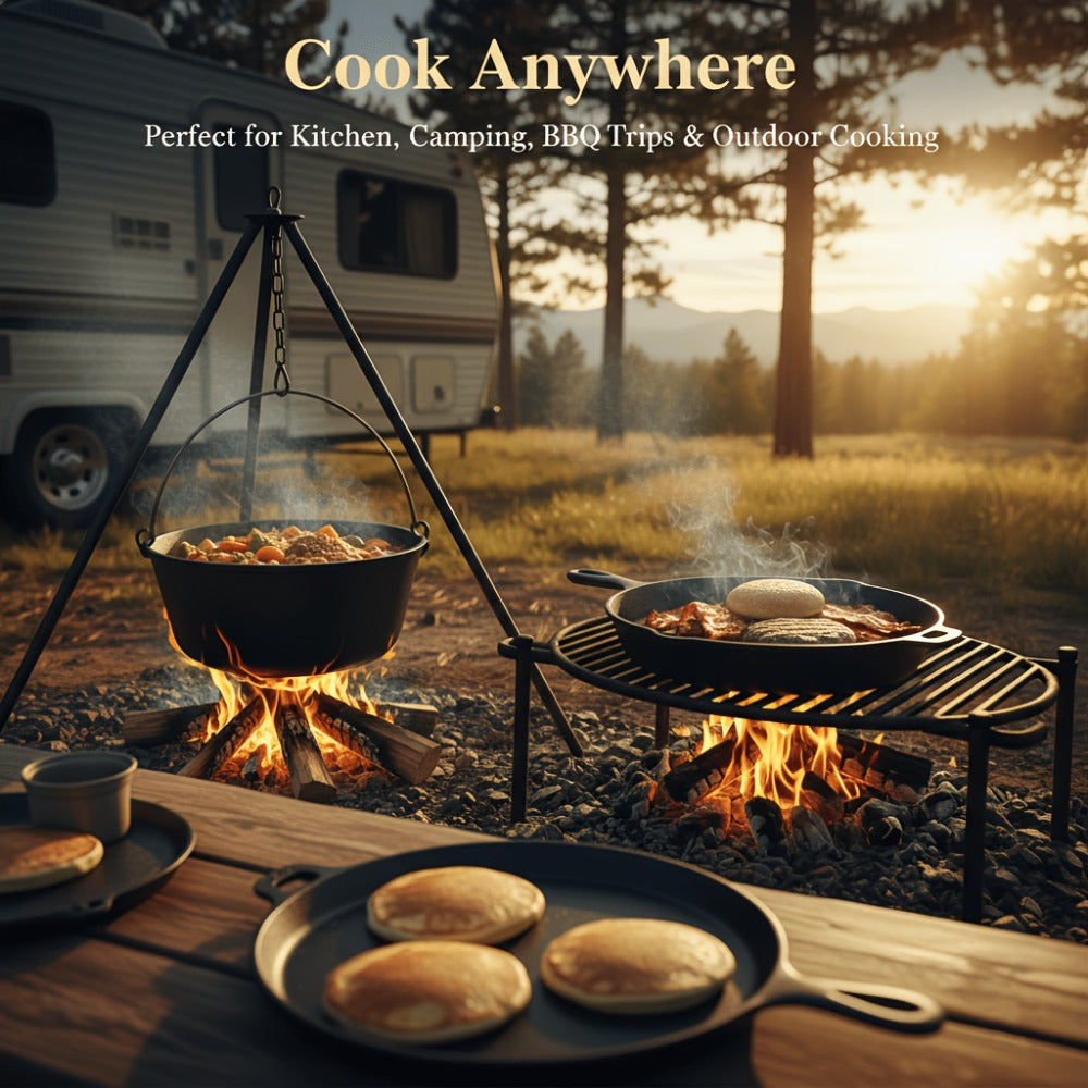 Cast Iron Cookware Set for Kitchen Camping BBQ - Non-Stick Skillet Dutch Pot Frying Pan Baking Tray Griddle Options, Oven Safe Stovetop Campfire Cookware for Home RV Holiday Cooking Multiple Set Choices