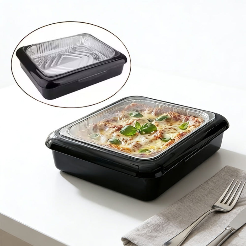 Aluminum Foil Tray with Lid - Insulated Stackable BBQ & Salad Serving Container for Outdoor Picnic, Party, Kitchen Use, Rectangular, Black & Red