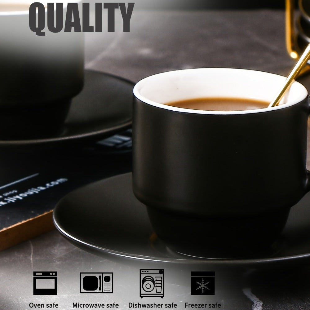 Espresso Cups Set of 6 with Saucers, Spoons & Metal Stand, 4oz Stackable Ceramic Cappuccino Mugs for Double Espresso, Lungo & Afternoon Tea ¨C Matte Black & Matte White