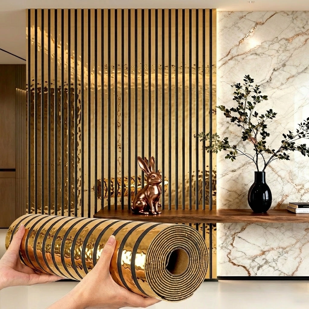 3D Mirror Slat Wall Panel Self-Adhesive Peel and Stick Gold Silver Metallic Grid Wall Sticker for TV Background Wall Ceiling Curved Edges Home Decor Art Easy Install