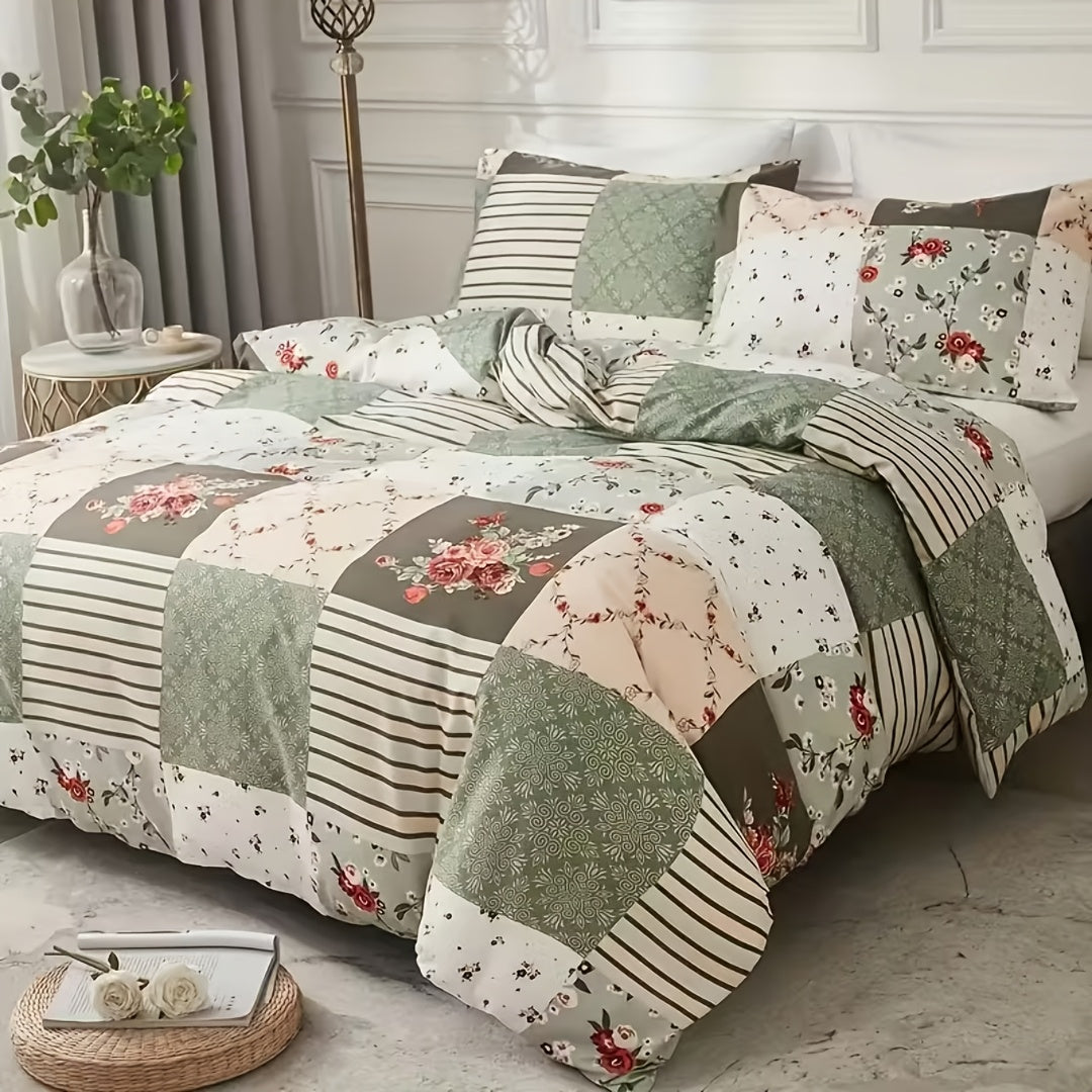 Floral Duvet Cover Set 3 Piece - Zipper Closure Patchwork Comforter Cover with 2 Pillowcases, All-Season Lightweight Kids Bedding Set, Pastoral Flower Plaid Print, Twin Full Queen King