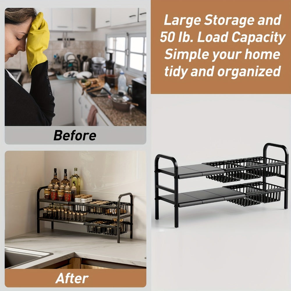 Expandable Under Sink Organizer 2-Tier Cabinet Shelf with 5 Removable Panels & 5 Baskets, Adjustable Under Sink Storage Rack for Kitchen Bathroom Cabinet Organization