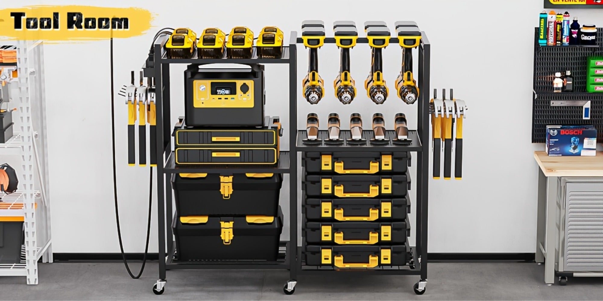 Mobile Tool Cart with Charging Station ¨C 12 Drill Holders & 5 Storage Shelves Power Tool Organizer | Rolling Utility Rack Toolbox with Battery Charging Power Strip for Garage & Workshop | 4 Colors