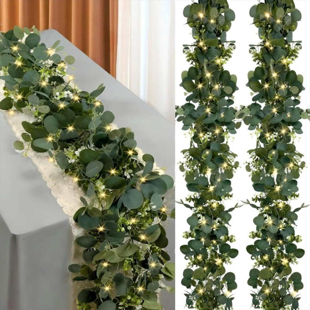 Lighted Eucalyptus Wreath Garland 6FT LED 2 Pack - Artificial Green Vine with Warm Lights for Wedding Centerpiece, Table Runner, Backdrop, Home & Seasonal Decor