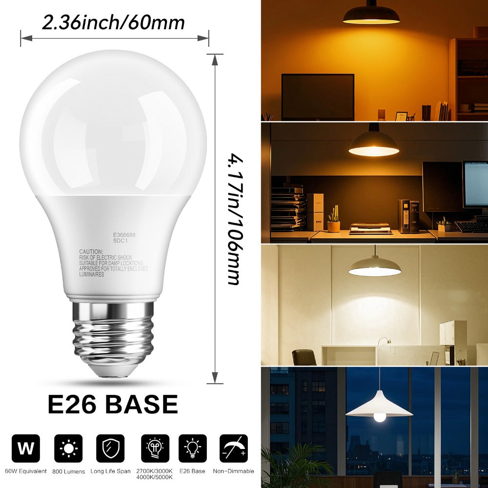A19 LED Bulb 9W 800 Lumens 60W Equivalent 12 Pack ¨C E26 Base 80+ CRI Non-Dimmable Energy Efficient, Daylight 5000K Neutral 4000K Soft 3000K Warm White 2700K for Bedroom Office Study Home Lighting