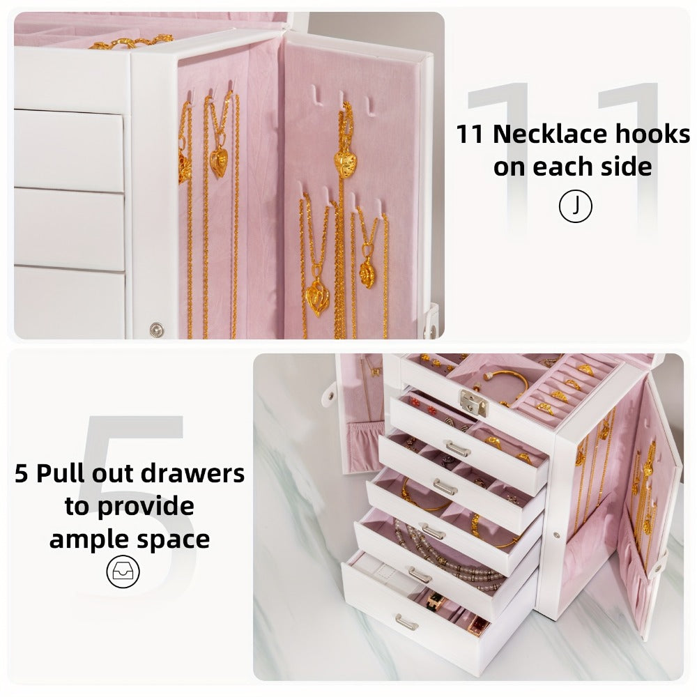 Jewelry Box 6 Tier with 5 Drawers Mirror & Lock | Large Jewelry Organizer Storage Case Gift for Women