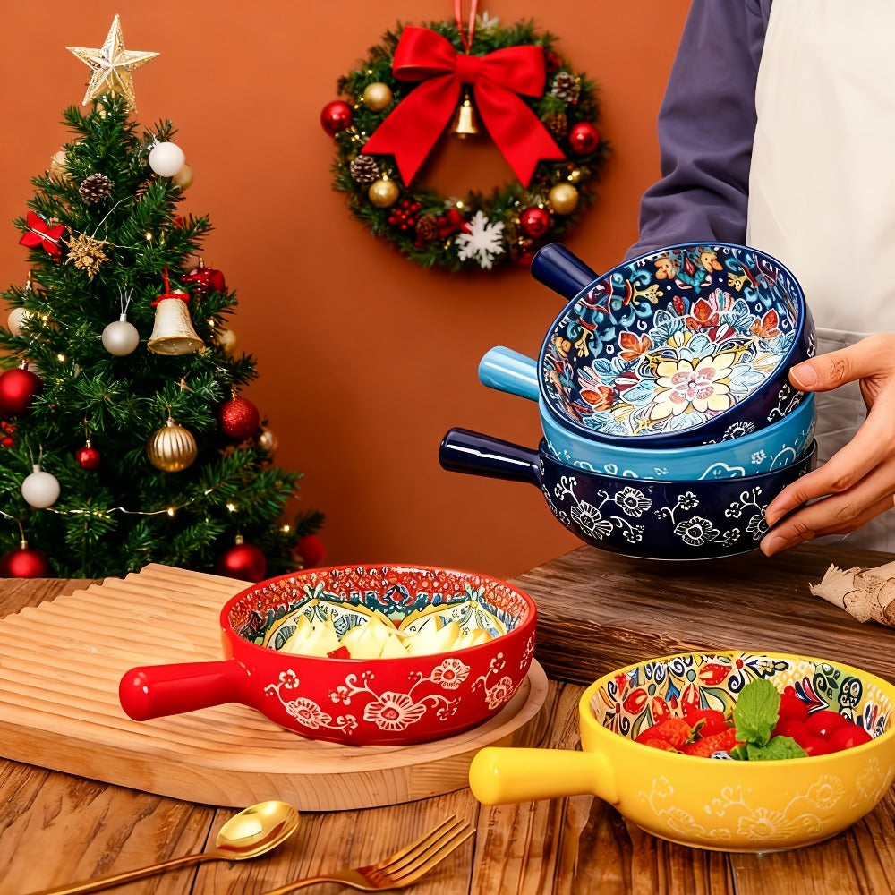 Ceramic Salad Bowl Set of 4 Bohemian Style 8.7 Inch with Handles Microwave and Oven Safe Colorful Serving Bowls for Home Baking Table Serving Gift