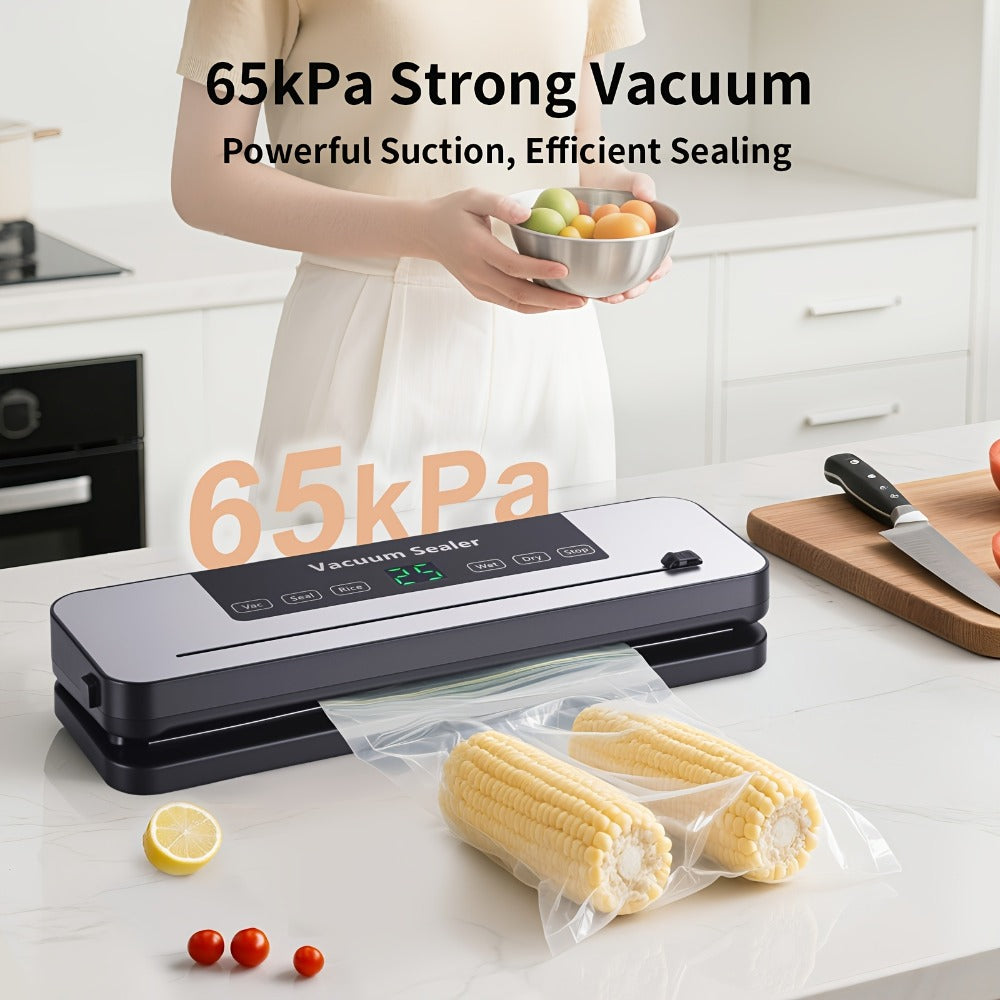 Vacuum Sealer Machine 6-in-1 Automatic Food Sealer 65Kpa Powerful Suction with Bags Cutter & Hose ¨C Sous Vide Compatible Food Storage Vacuum Sealer for Dry & Moist Foods