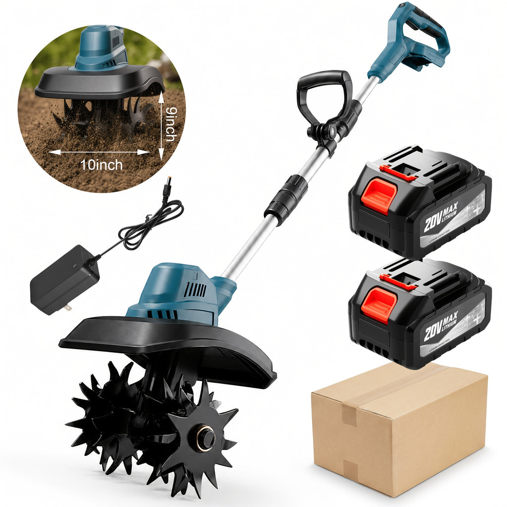 Cordless Electric Cultivator 20V Lightweight Handheld Rotary Tiller ¨C 9-Inch Width 6.6-Inch Depth, 1 or 2 Batteries & Charger, Garden Soil Tiller for Courtyard Farmland Vegetable Garden Raised Bed