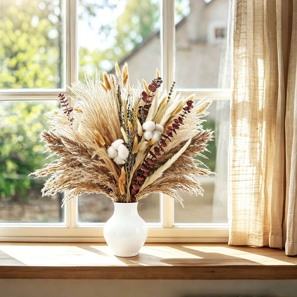 Dried Flower Bouquet 80pcs ¨C Pampas Grass, Bunny Tails, Eucalyptus, Lavender & Wheat Stems for Rustic Boho Home Decor, Vase Filler, Fall Decorations, Wedding Centerpiece & Floral Gift Arrangement