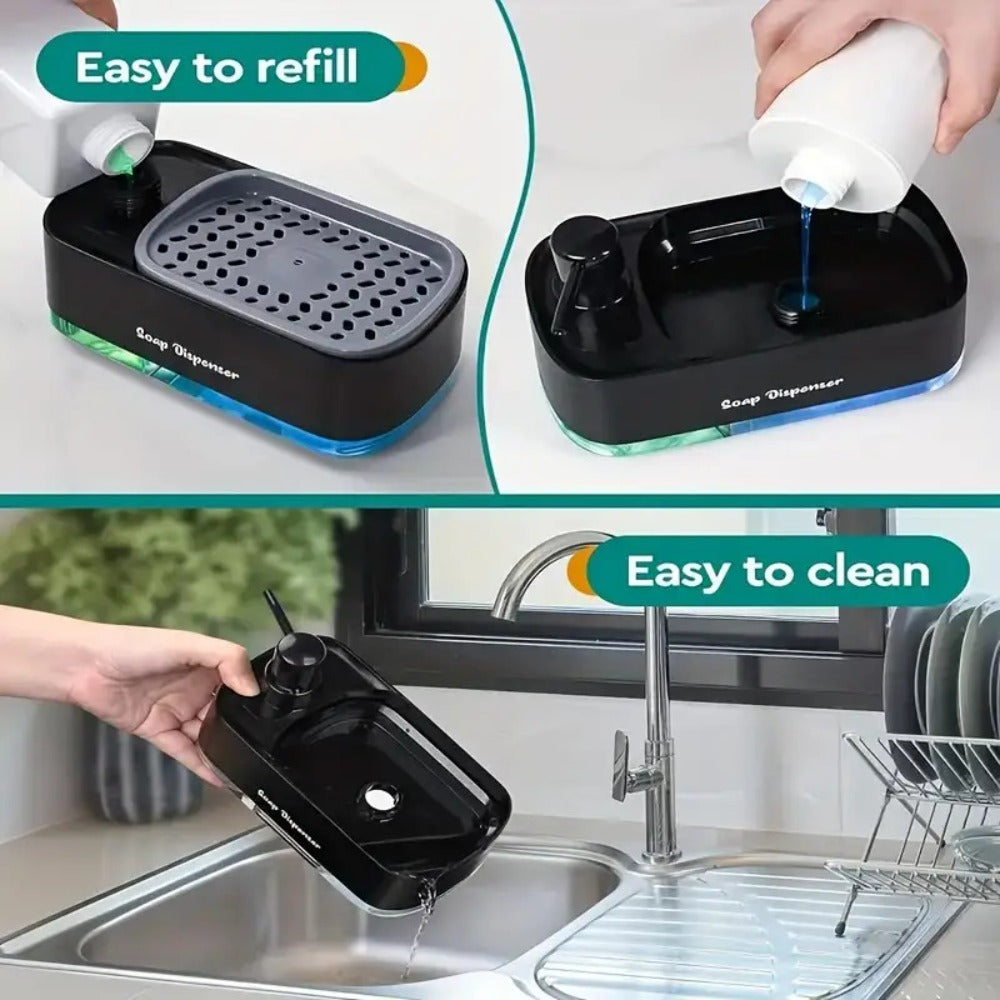Soap Dispenser with Sponge Holder 2-in-1 - Countertop Dish Soap Pump Dispenser and Sponge Caddy for Kitchen Sink, Multi-Functional Detergent Dispenser with Built-In Sponge Holder, Available in White and Black Upgraded Version