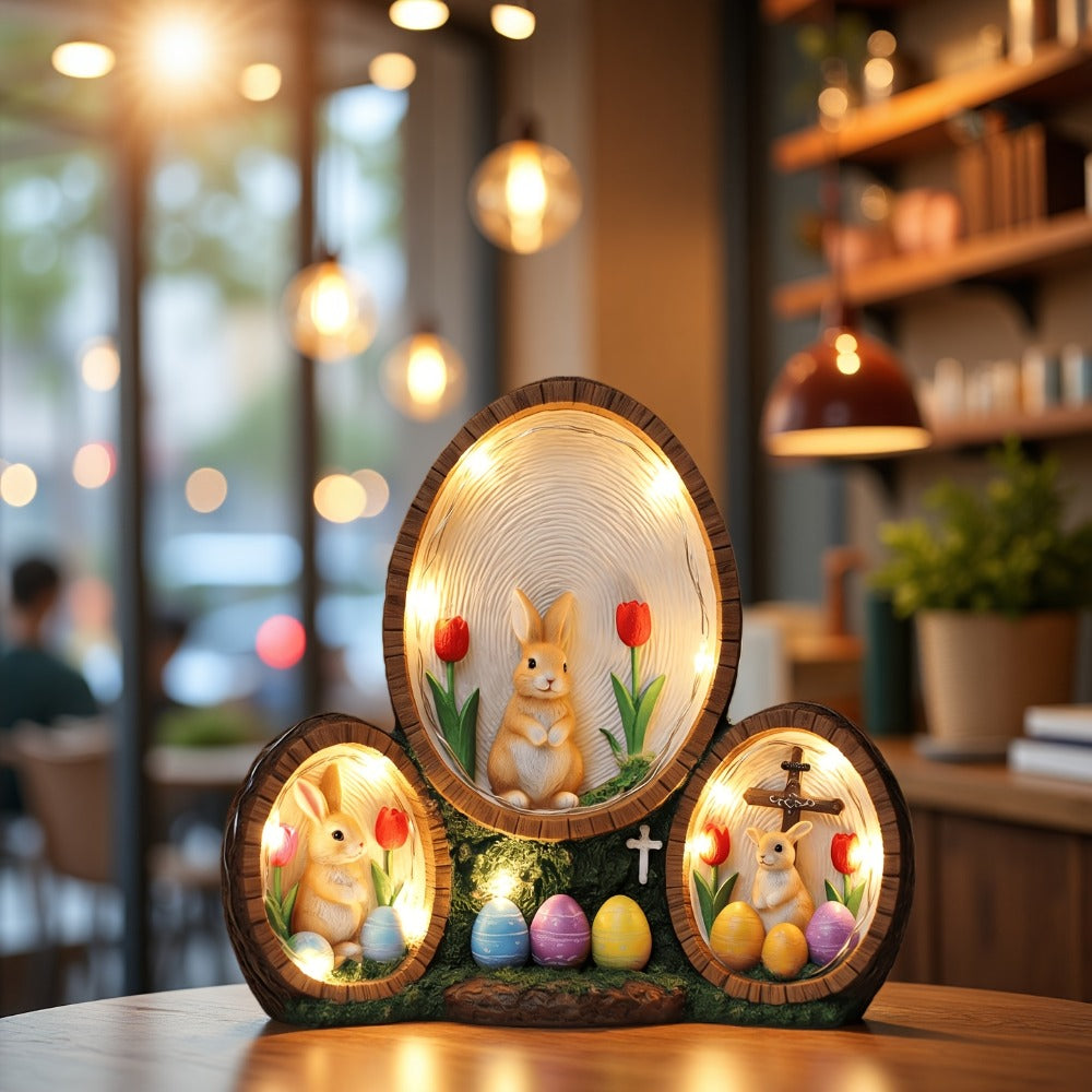 Handmade Resin Easter Egg Ornament - Painted Tulip Rabbit & Cross Decoration | Glowing Home Decor Accent for Easter, Valentine's Day & Spring Celebrations | High-End Resin Craft Holiday Gift