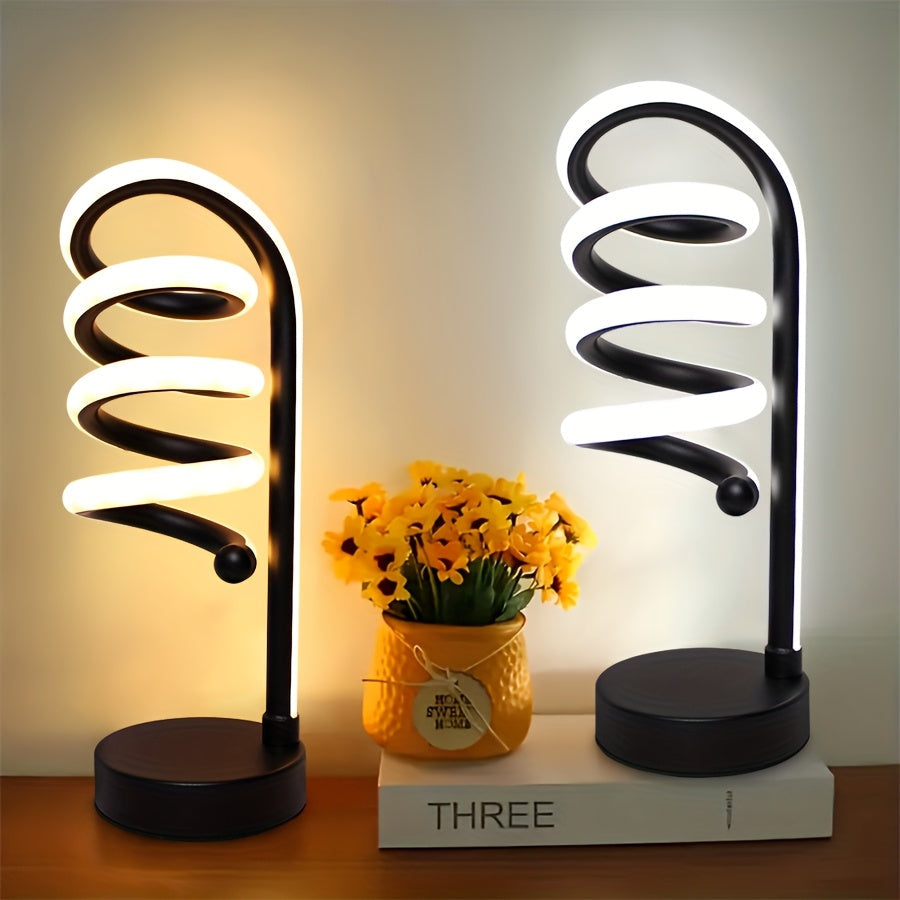 Dimmable Spiral Table Lamp with Touch Control & USB-C Charging Port, 3-Way Brightness Bedside Nightstand Lamp, Modern Minimalist LED Desk Lamp for Bedroom Living Room, Black & White