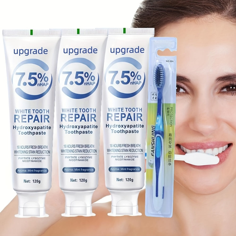 Hydroxyapatite Toothpaste 3-Pack 7.5% Nano Formula Whitening Toothpaste with Toothbrush Teeth Whitening Fresh Breath Enamel Repair Oral Care Set for Home and Travel Gift for Women Men