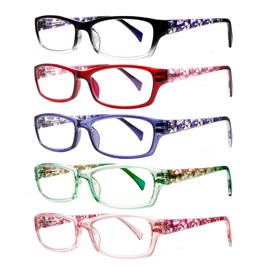 Reading Glasses 5 Pack for Women and Men Blue Light Blocking Readers Rectangular Spring Hinge Frame Anti Eyestrain Computer Reading Glasses Lightweight Fashionable Multi-Color Set Magnification 1.0 to 4.0
