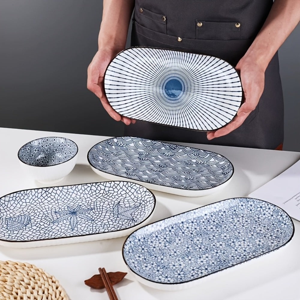 Japanese Blue White Porcelain Fish Plates Set of 4 ¨C 12 Inch Ceramic Serving Plates, Microwave & Oven Safe Steaming Baking Tableware