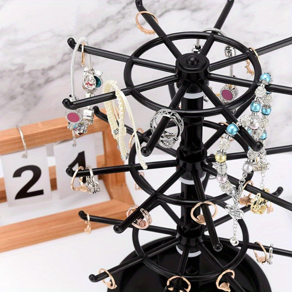 Rotating Jewelry Stand 2-Tier Black ¨C Necklace Bracelet Earring Organizer Display Rack, Plastic Hanging Jewelry Tower for Dressing Table Counter, Keychain Holder, No Electricity Needed