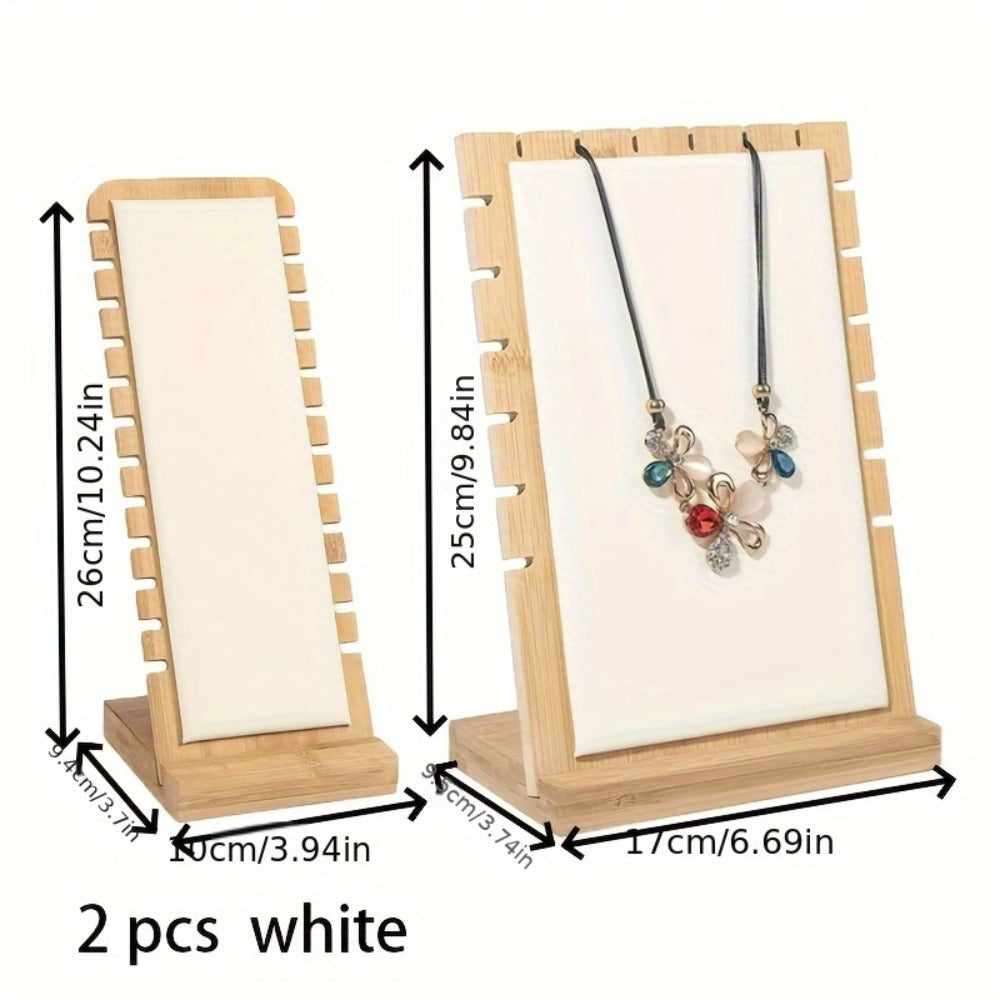 Bamboo Jewelry Necklace Display Stand 2 Pack - Multi-Hook Necklace Holder Tower, Tabletop Showcase Organizer for Retail Store, Beige Rectangle Jewelry Stand No Tools Required