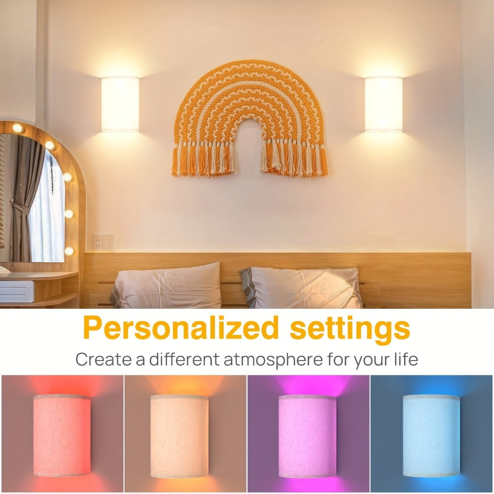 Rechargeable Wall Sconce Set of 2 ¨C Wireless Fabric Shade Wall Light with Remote Control, Magnetic Puck Light, Dimmable CCT or RGB Color, No Wiring for Bedroom Living Room Hallway Decor