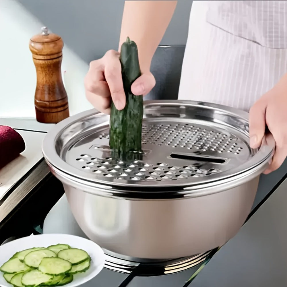 Stainless Steel 3-in-1 Kitchen Prep Set with Mixing Bowl Built-In Grinder Multi-Layer Slicer and Drainage System Food Safe Prep Bowl for Fruits Vegetables Cheese