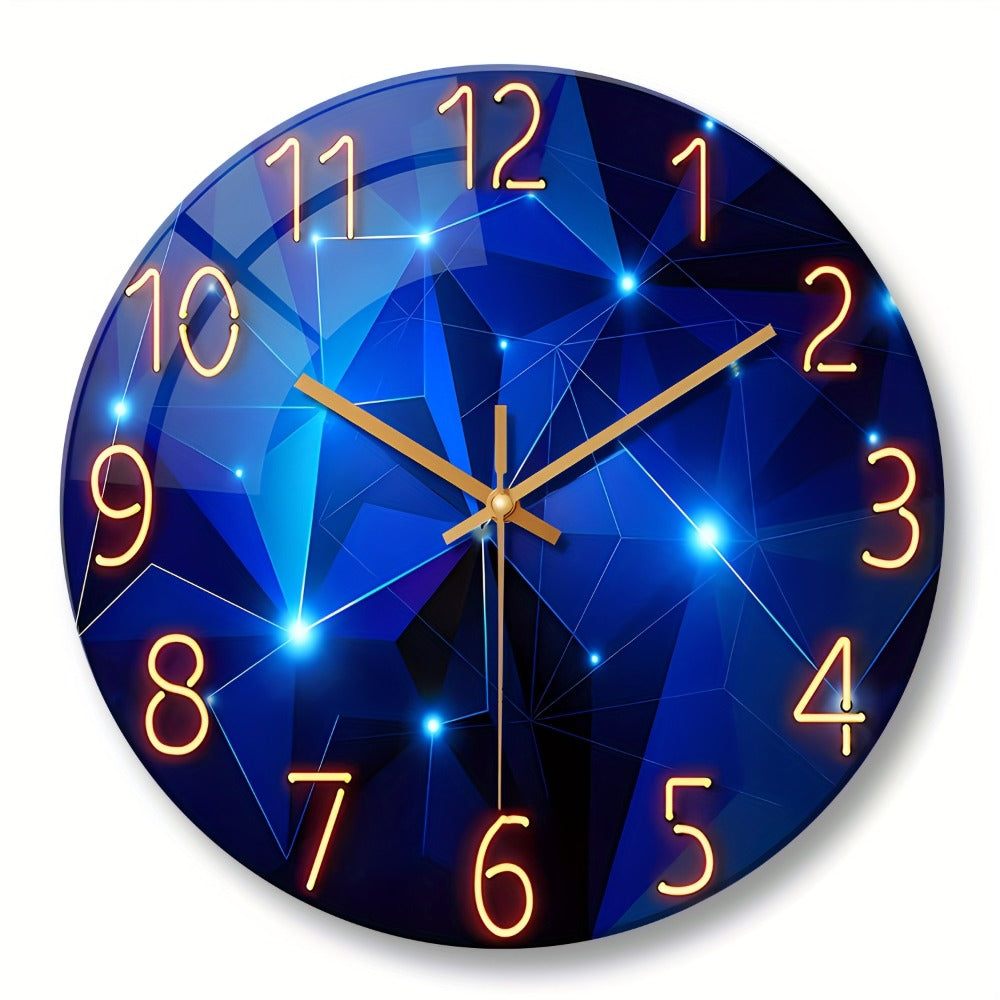 Modern Blue Glass Wall Clock Silent Non-Ticking Quartz Movement Battery Operated Tempered Glass Large Wall Clock for Living Room Bedroom Office Home Decor Gift