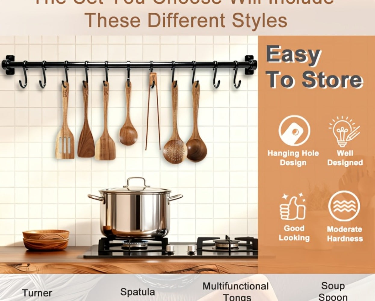 Wooden Kitchen Utensils Set 3/5/7Pcs ¨C Natural Wood Spoons, Spurtle, Ladle & Wok Spatulas for Non-Stick Pans | Heat Resistant, Ergonomic Handle, Easy to Clean