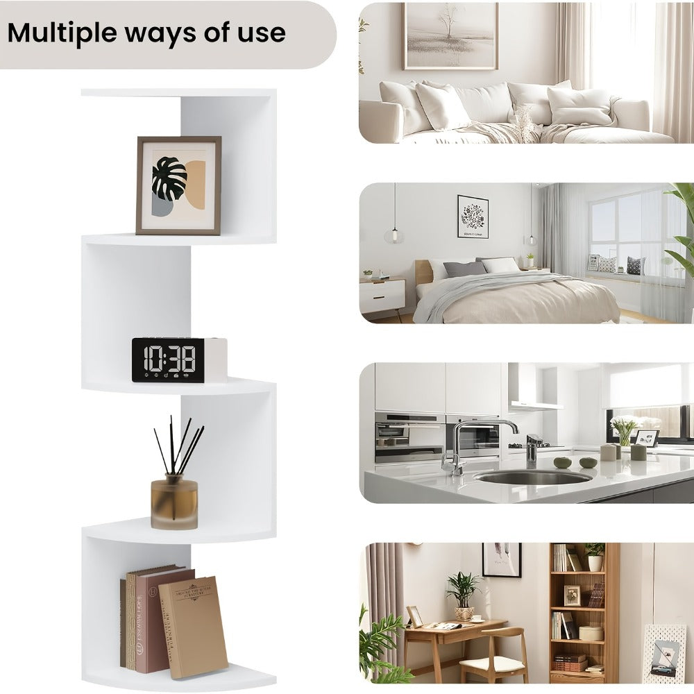 5-Tier Wall-Mounted Corner Shelf ¨C Space-Saving Floating Storage Organizer in White Acrylic for Bathroom, Living Room, Bedroom, Kitchen & Office, Decorative Corner Rack & Versatile Room Organizer
