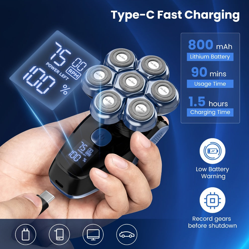 Skull Shaver for Bald Men 5-in-1 Rechargeable Rotary Electric Razor - 7D Floating Heads, 3-Speed LED Display Grooming Kit, Close Shave Head Shaver for Men