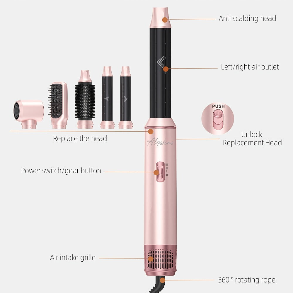 Hot Air Brush 5-in-1 Hair Dryer Brush - Ionic Blow Dryer Brush with Curling, Straightening & Volumizing, Dual Voltage Travel Hair Styler, Multifunction Hair Styling Tool for All Hair Types