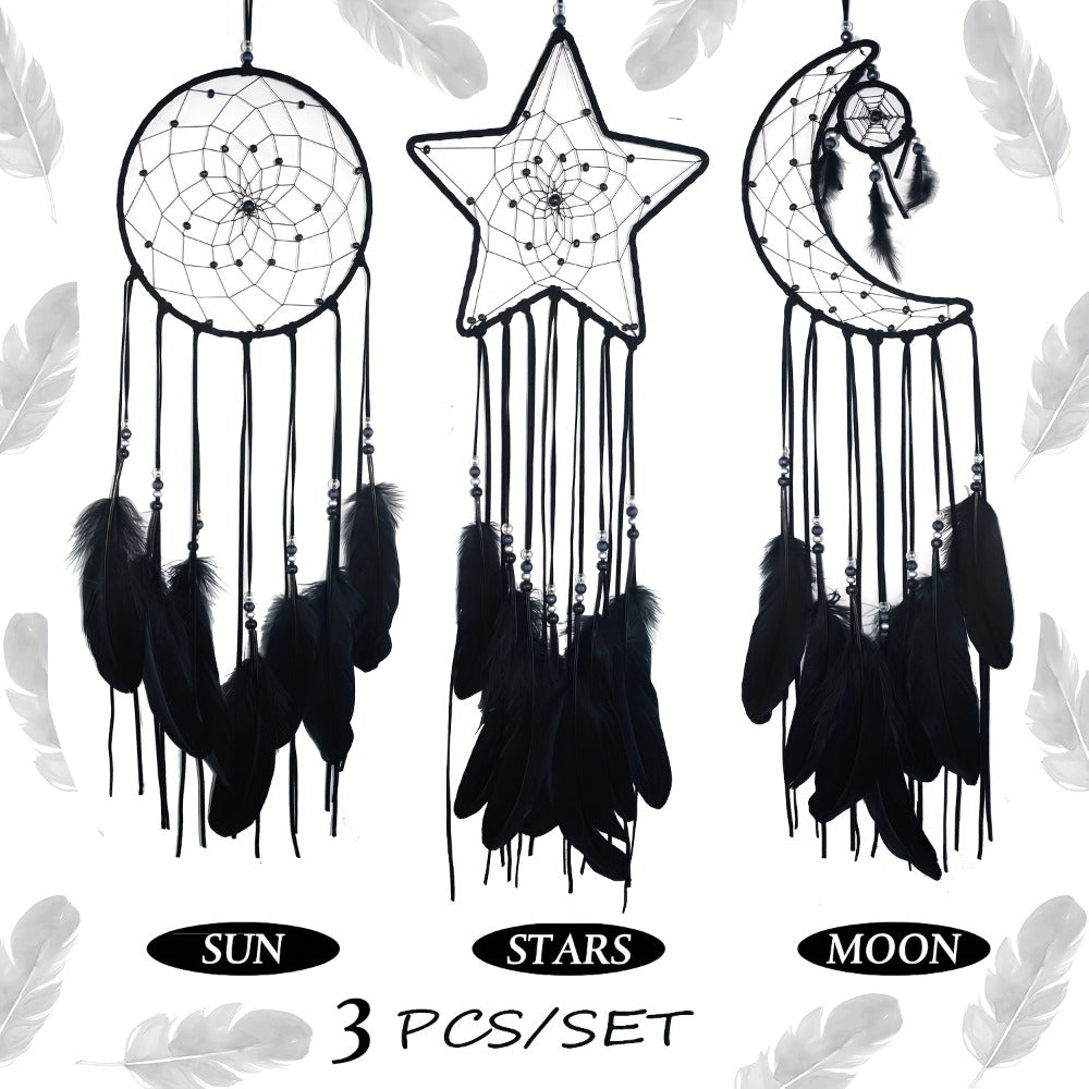 Dream Catcher Set of 3 - Moon Sun Star Wall Hanging Decor for Bedroom, Boho Room Decor for Teen Girls Kids, Princess Bedroom Decoration, 8 Inch Metal Hoop, Pink White Black Brown, Nursery Wall Art Gift