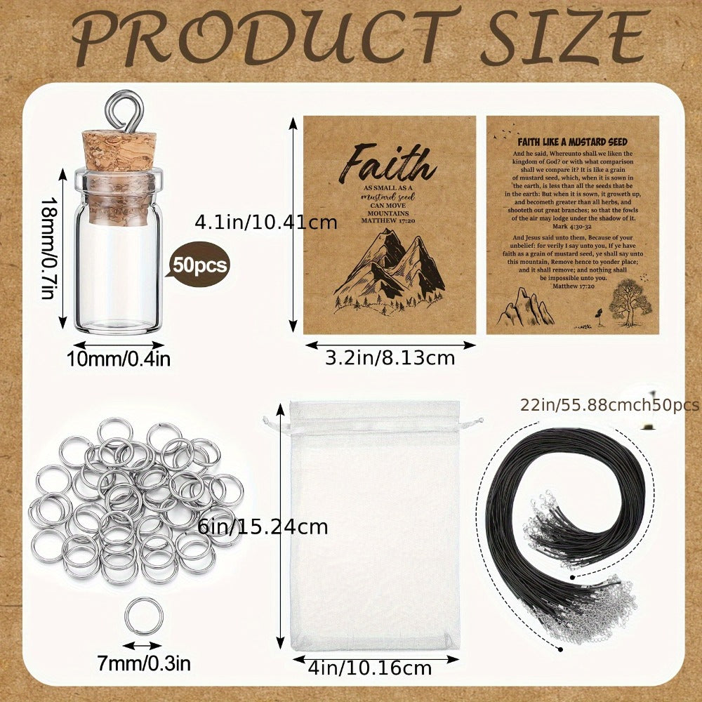 Mustard Seed Faith Necklace Kit 50 Sets - DIY Mini Glass Jar Craft Necklace with Christian Faith Cards, Inspirational Gifts for Women