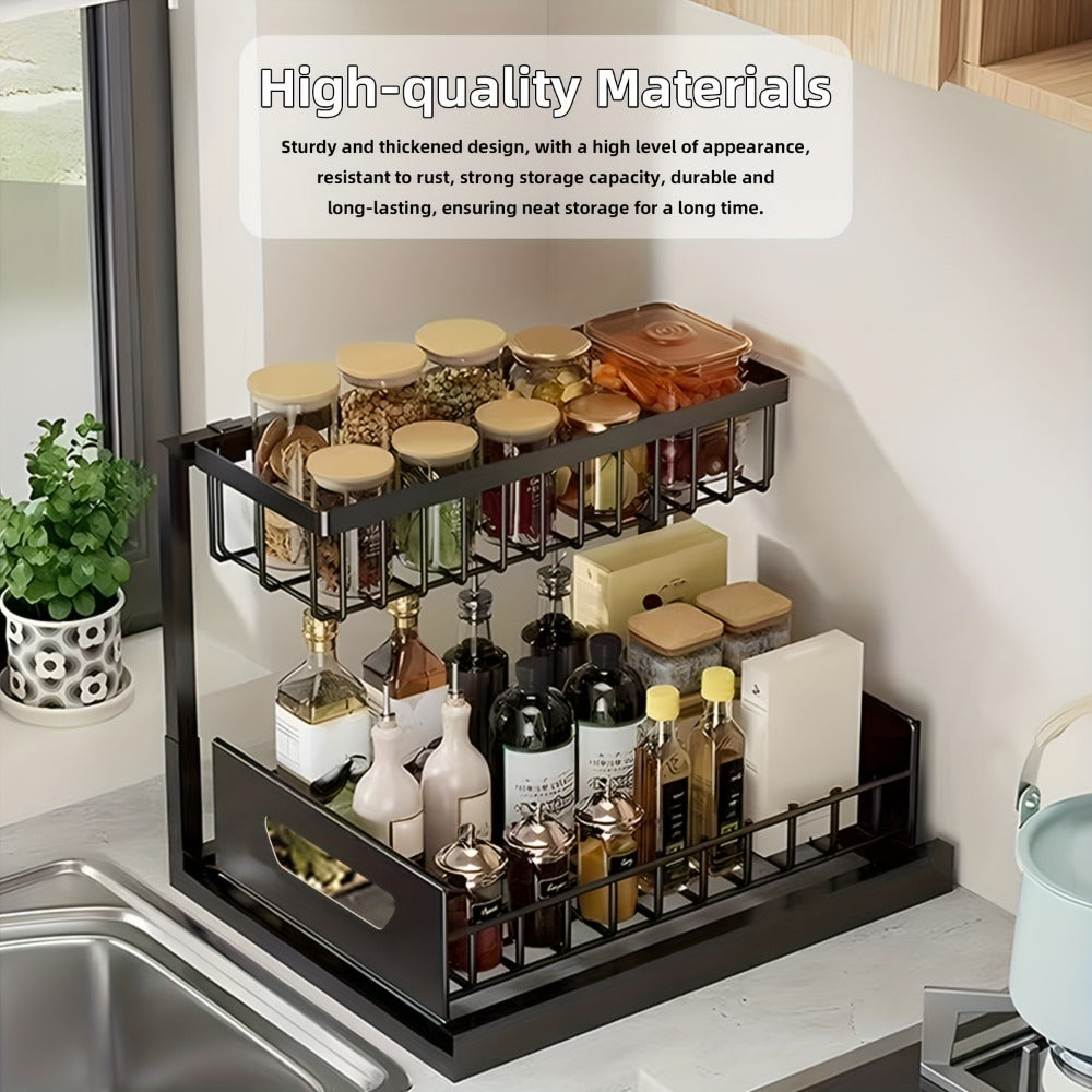 2-Tier Pull-Out Cabinet Organizer Metal Sliding Drawer, Kitchen Sink Storage Container for Bathroom Tabletop Study, Push-Pull Stackable Organizer for Kitchen Bathroom Cabinet