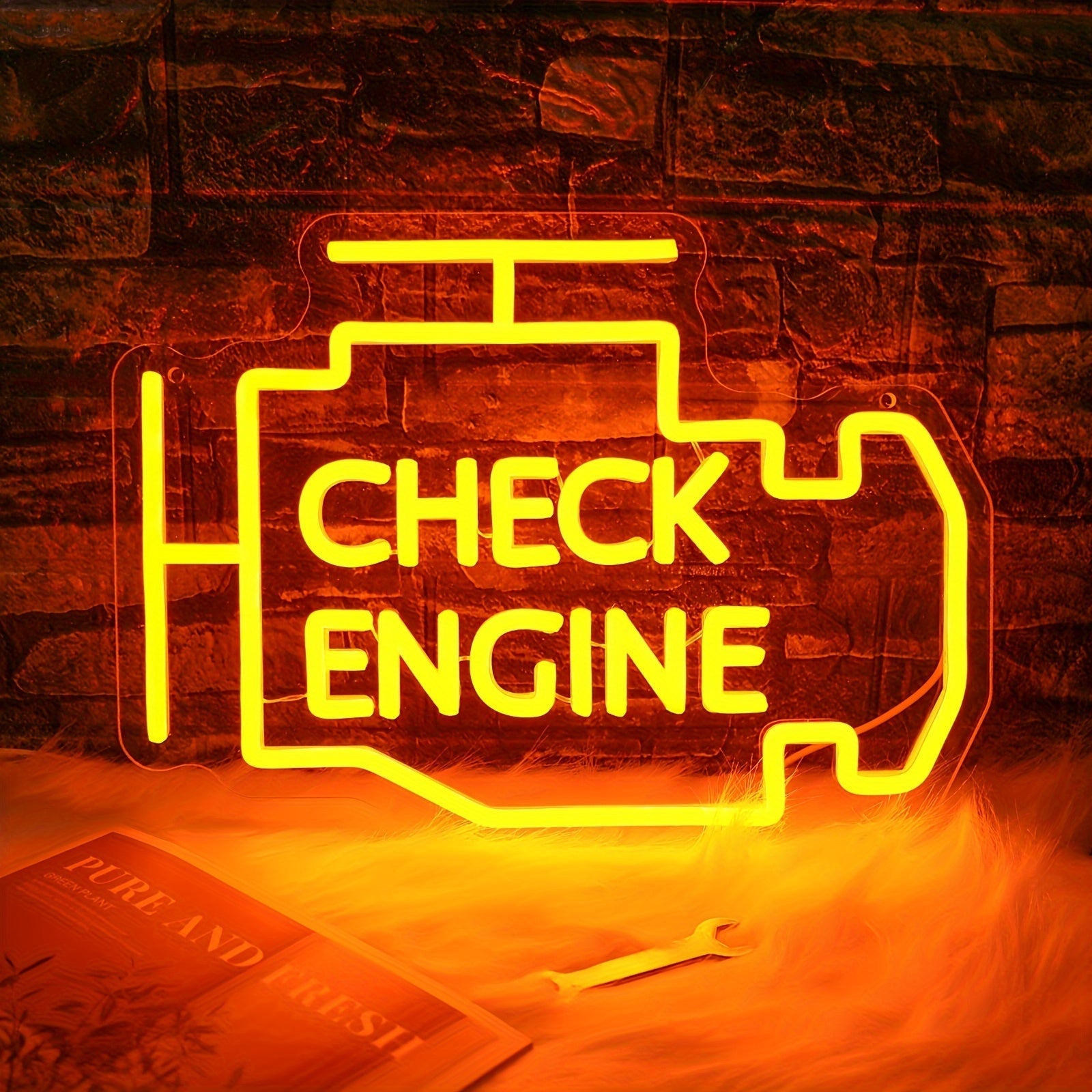 Check Engine Neon Sign ¨C LED Dimmable USB Powered Neon Light for Garage Wall Decor, Car Repair Shop, Workshop, Man Cave, Game Room, Bedroom & Car Party Decorations (Yellow / Multi-Color Options)