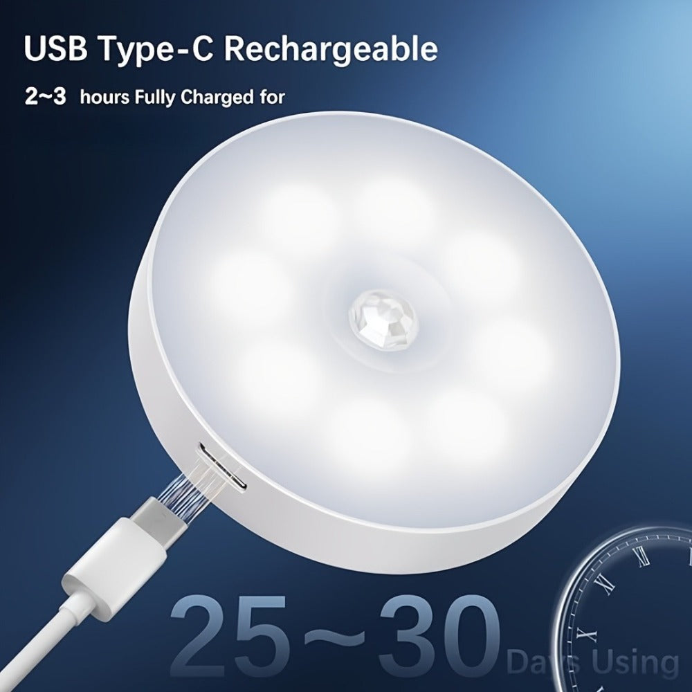 Motion Sensor Night Light 8 LED USB Rechargeable Built-in Battery Eye Protection Wireless Cabinet Light for Stairs Bedroom Closet Garage