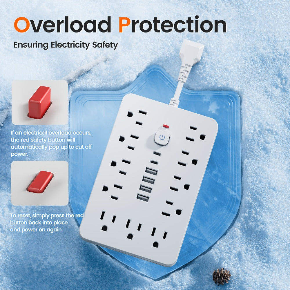 Extension Cord Power Strip with USB Ports 11 AC Outlets 4 USB-A 2 USB-C Surge Protector Overload Protection Short Cord 5FT 10FT for Home Office Study School Desk Charging Station White Black
