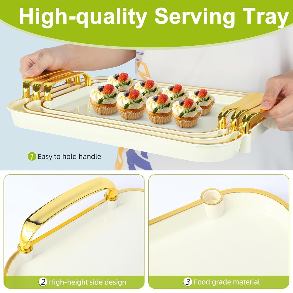 3-Piece Rectangular Serving Tray Set with Handles ¨C Plastic Food Trays for Parties, Dinners & Gatherings, 16.5/15/13.2 Inch Nested Trays for Turkey, Cake, Cheese, Fruit & Appetizers