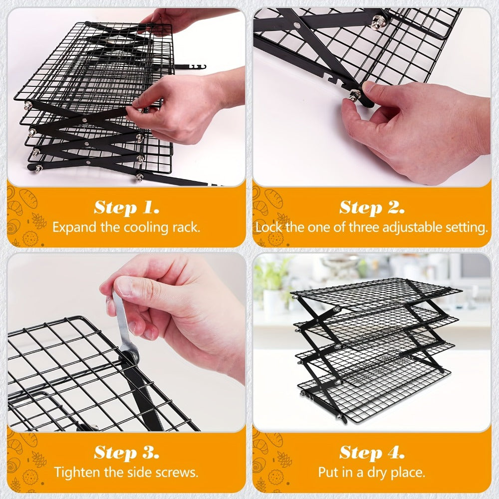 Foldable Cooling Rack for Baking, Stackable Wire Baking Rack with 4-Position Height Adjustment, Collapsible Metal Drying Rack for Cookies Cakes Bread, Camping Grill Rack