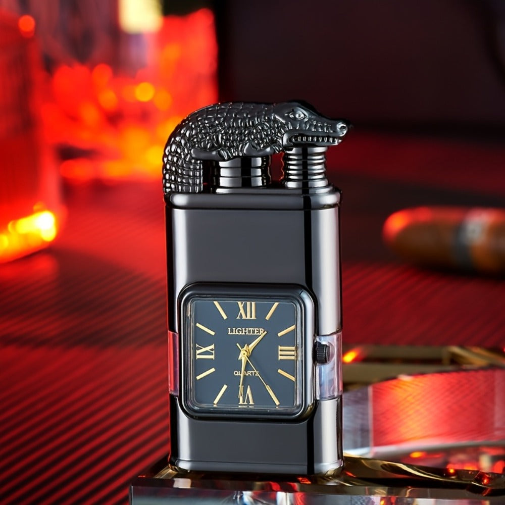 Double Flame Torch Lighter for Men ¨C Windproof Refillable Butane Lighter with Vintage Quartz Dial, Zinc Alloy Body, Gift Box Included, Outdoor Camping BBQ Survival, Unique Engraved Style (Butane Not Included)