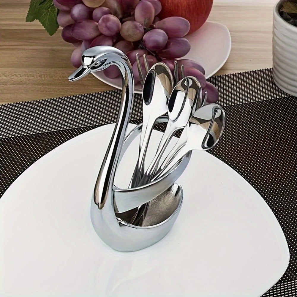 Swan Cutlery Rack Set 7pcs Stainless Steel Decorative Silverware Holder with 3 Forks & 3 Spoons - Elegant Swan Shaped Flatware Stand for Table Decor, Holiday Dining, Christmas Halloween Thanksgiving Gift